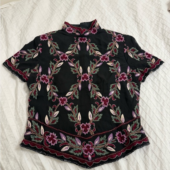 Vintage Pappell Boutique Evening 100% Silk Beaded Embroidered Top Petite Small - Picture 3 of 7